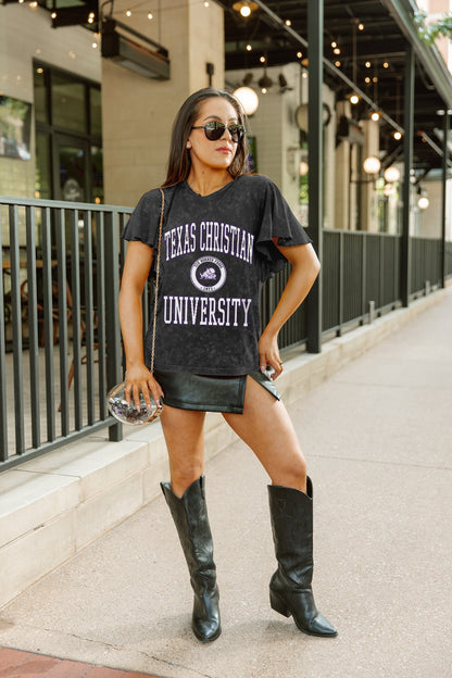 TCU HORNED FROGS VICTORY MODE FLUTTER SLEEVE TEE IN BLACK
