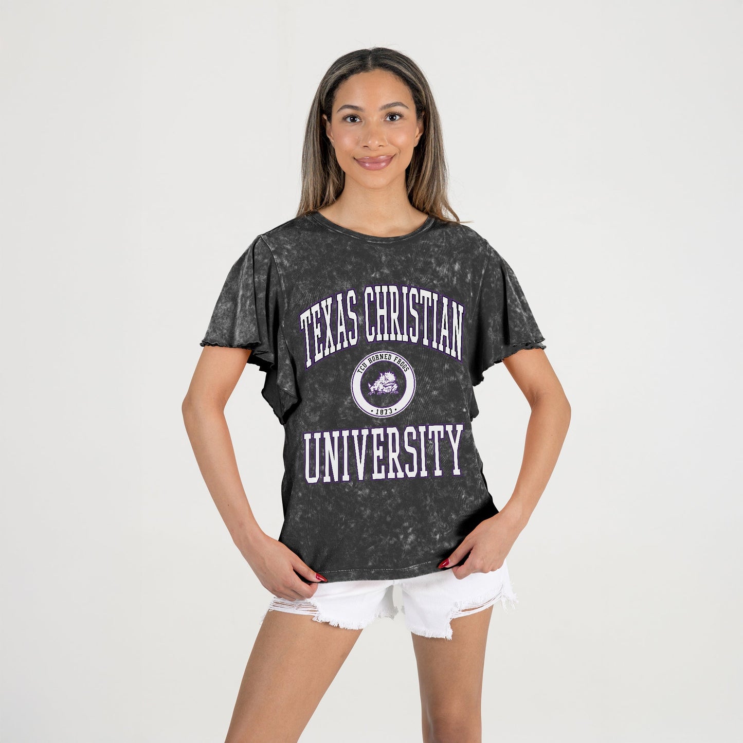 TCU HORNED FROGS VICTORY MODE FLUTTER SLEEVE TEE IN BLACK