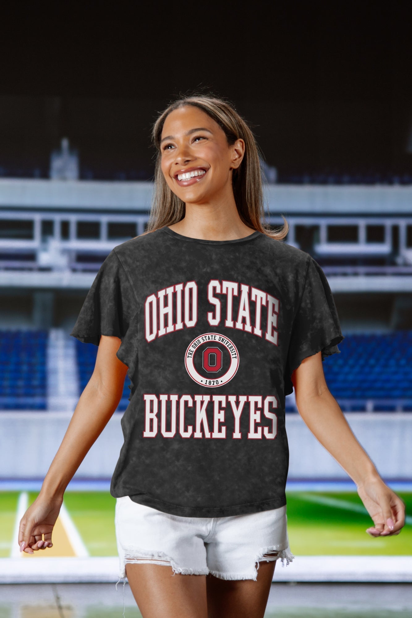 OHIO STATE BUCKEYES VICTORY MODE FLUTTER SLEEVE TEE IN BLACK