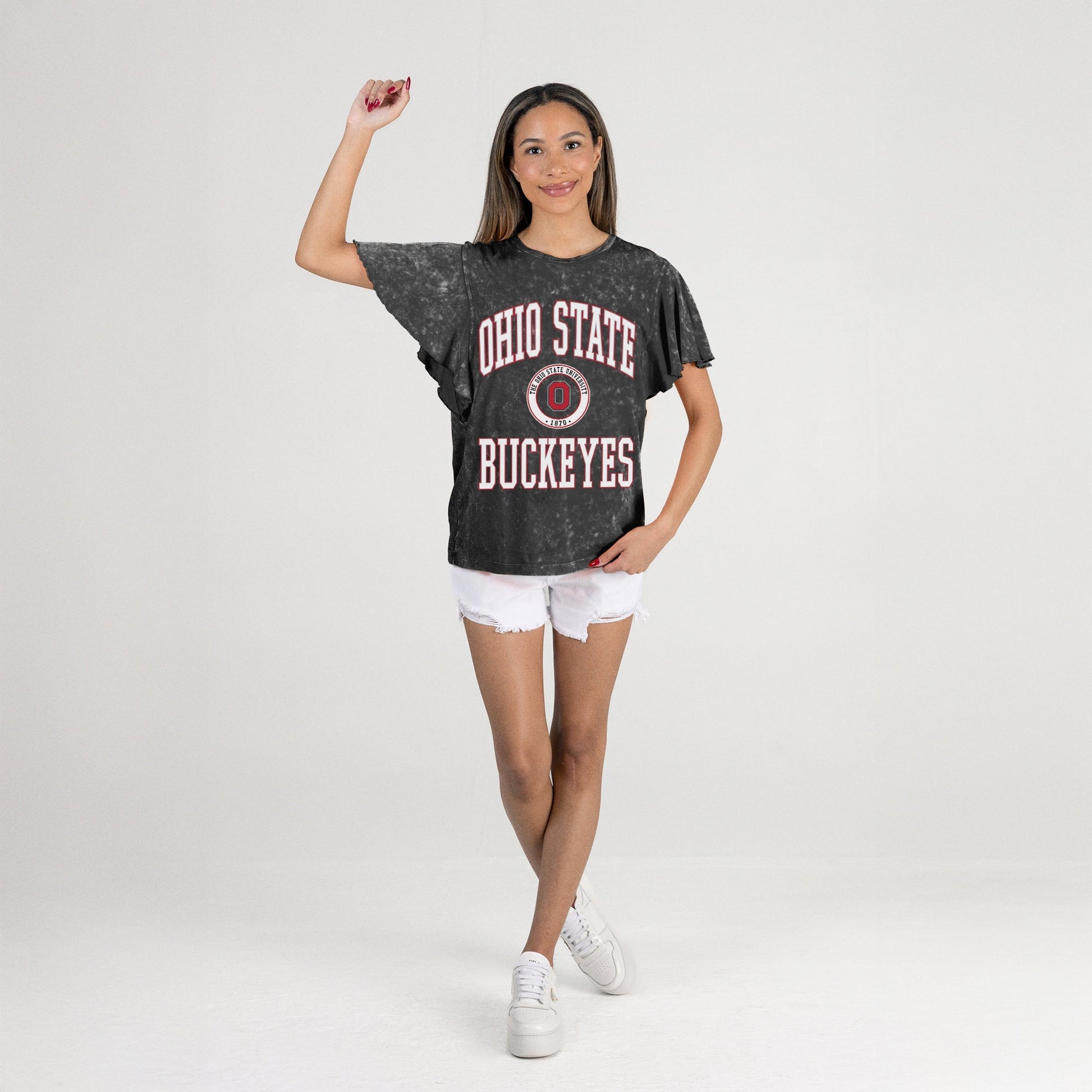 OHIO STATE BUCKEYES VICTORY MODE FLUTTER SLEEVE TEE IN BLACK