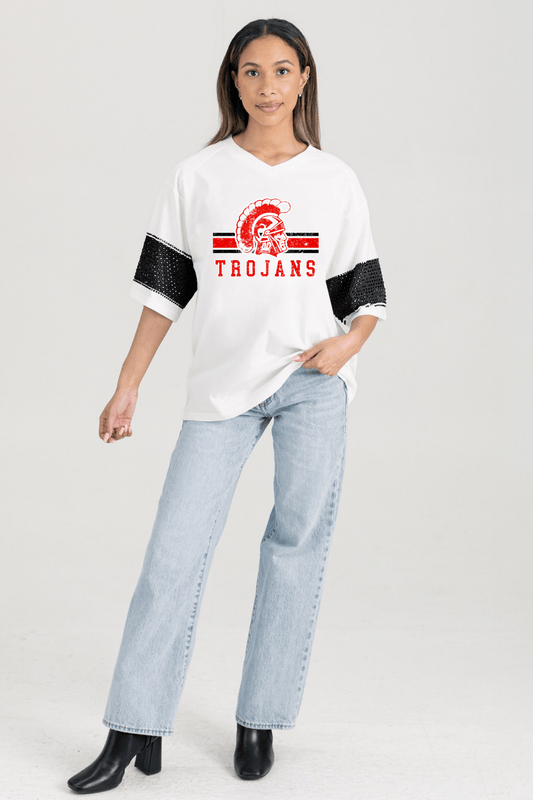 KIEFER TROJANS VARSITY RHINESTONE STRIPE TEE - The Club