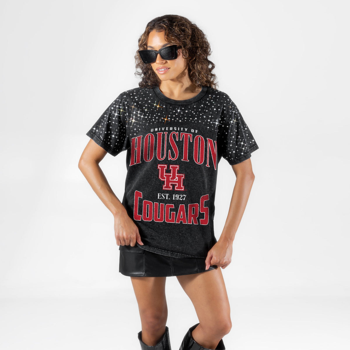 HOUSTON COUGARS IN THE ZONE VINTAGE WASH RHINESTONE TEE