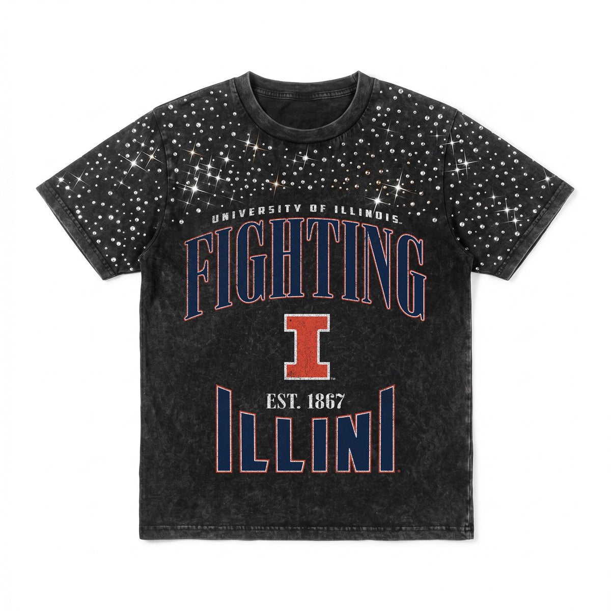 ILLINOIS FIGHTING ILLINI IN THE ZONE VINTAGE WASH RHINESTONE TEE