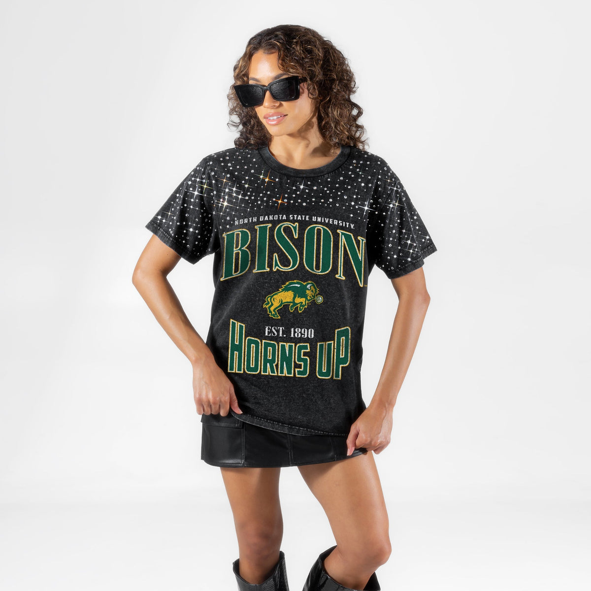 NORTH DAKOTA STATE BISON IN THE ZONE VINTAGE WASH RHINESTONE TEE