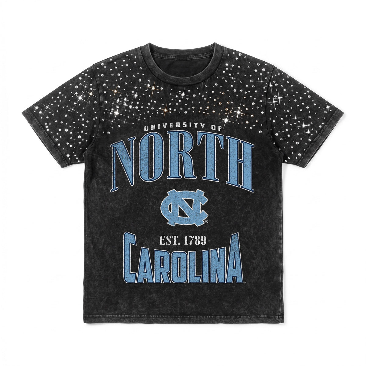 NORTH CAROLINA TAR HEELS IN THE ZONE VINTAGE WASH RHINESTONE TEE