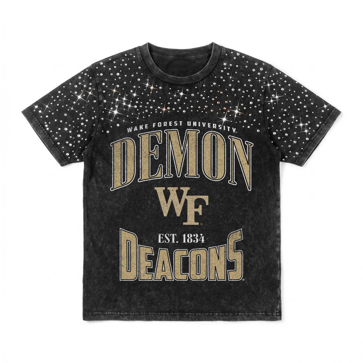 WAKE FOREST DEMON DEACONS IN THE ZONE VINTAGE WASH RHINESTONE TEE