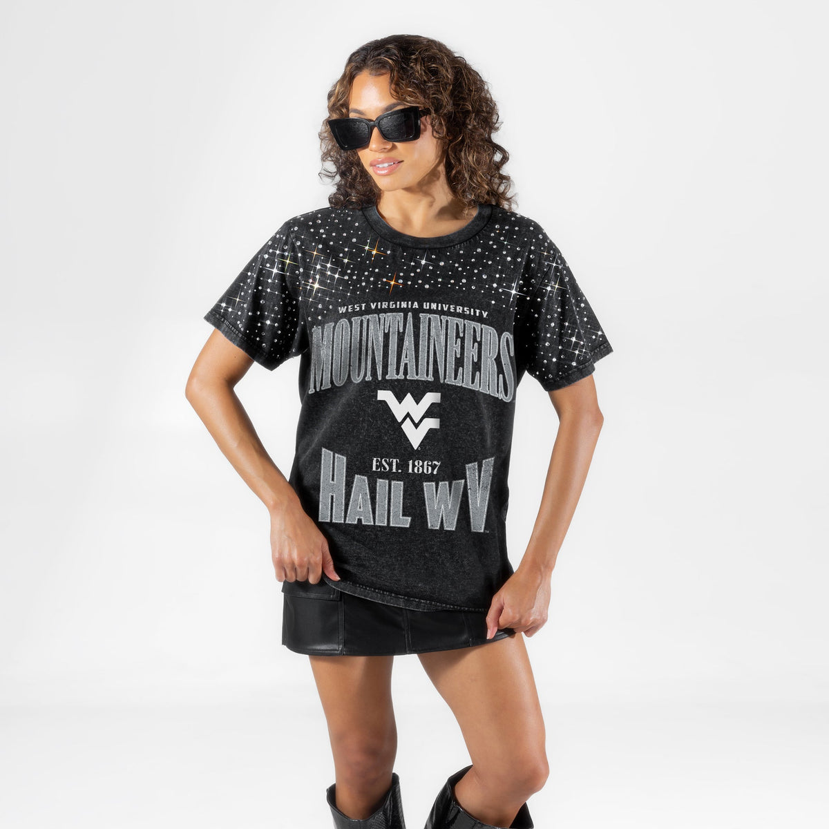 WEST VIRGINIA MOUNTAINEERS IN THE ZONE VINTAGE WASH RHINESTONE TEE