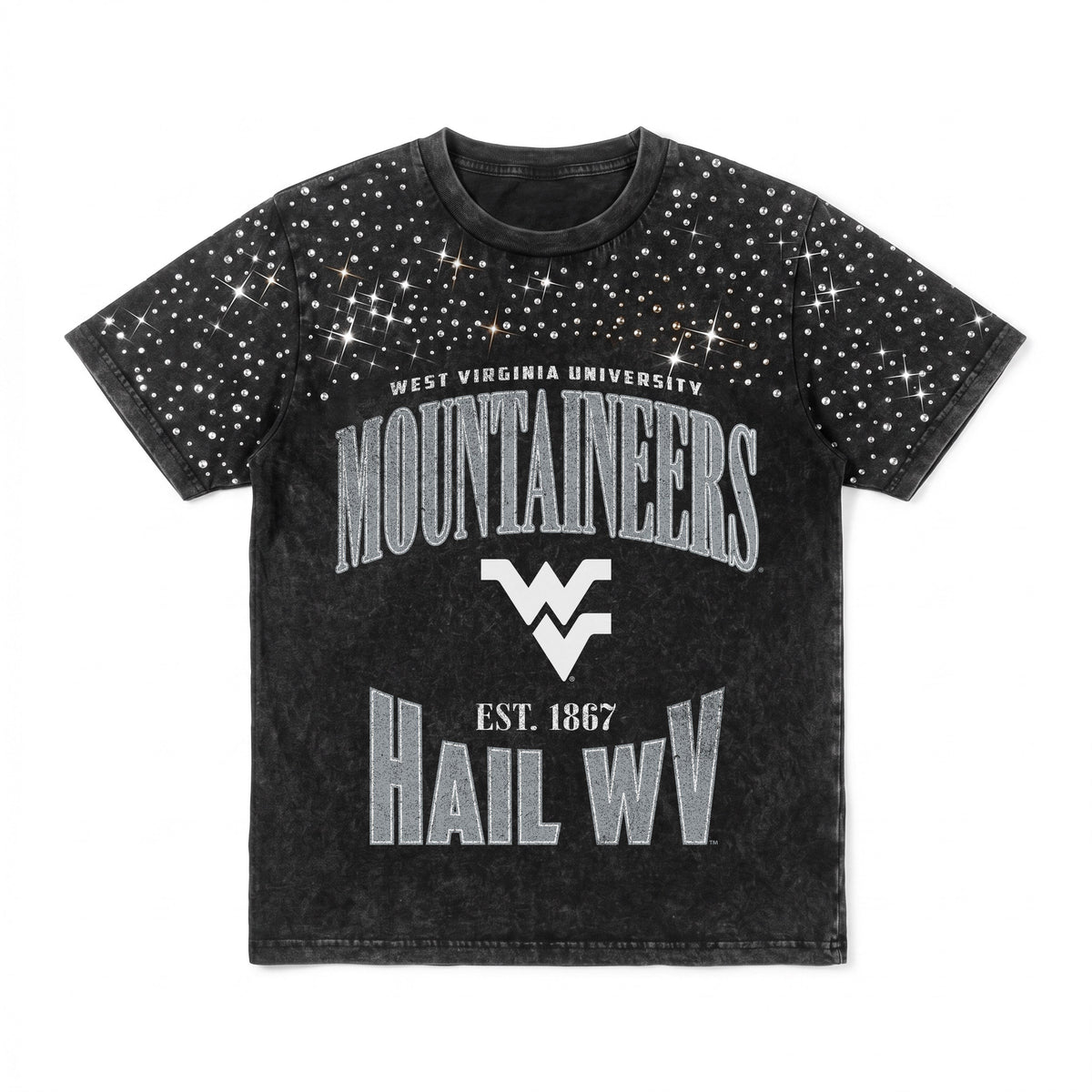 WEST VIRGINIA MOUNTAINEERS IN THE ZONE VINTAGE WASH RHINESTONE TEE
