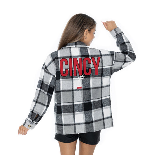 CINCINNATI BEARCATS MAD FOR PLAID LONG SLEEVE BRUSHED PLAID OVERSHIRT WITH LAPEL COLLAR, BUTTON CLOSURE, AND CUFF DETAIL - The Club