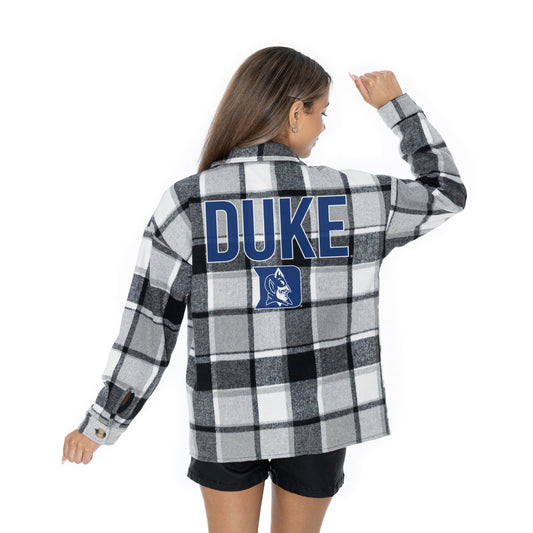 DUKE BLUE DEVILS MAD FOR PLAID LONG SLEEVE BRUSHED PLAID OVERSHIRT WITH LAPEL COLLAR, BUTTON CLOSURE, AND CUFF DETAIL - The Club