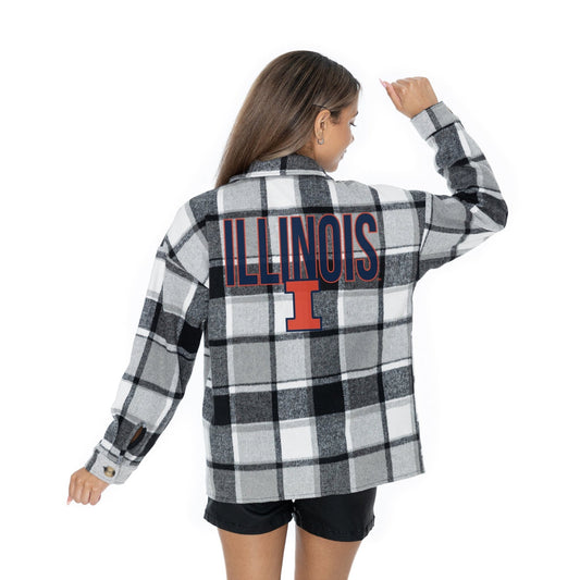 ILLINOIS FIGHTING ILLINI MAD FOR PLAID LONG SLEEVE BRUSHED PLAID OVERSHIRT WITH LAPEL COLLAR, BUTTON CLOSURE, AND CUFF DETAIL - The Club