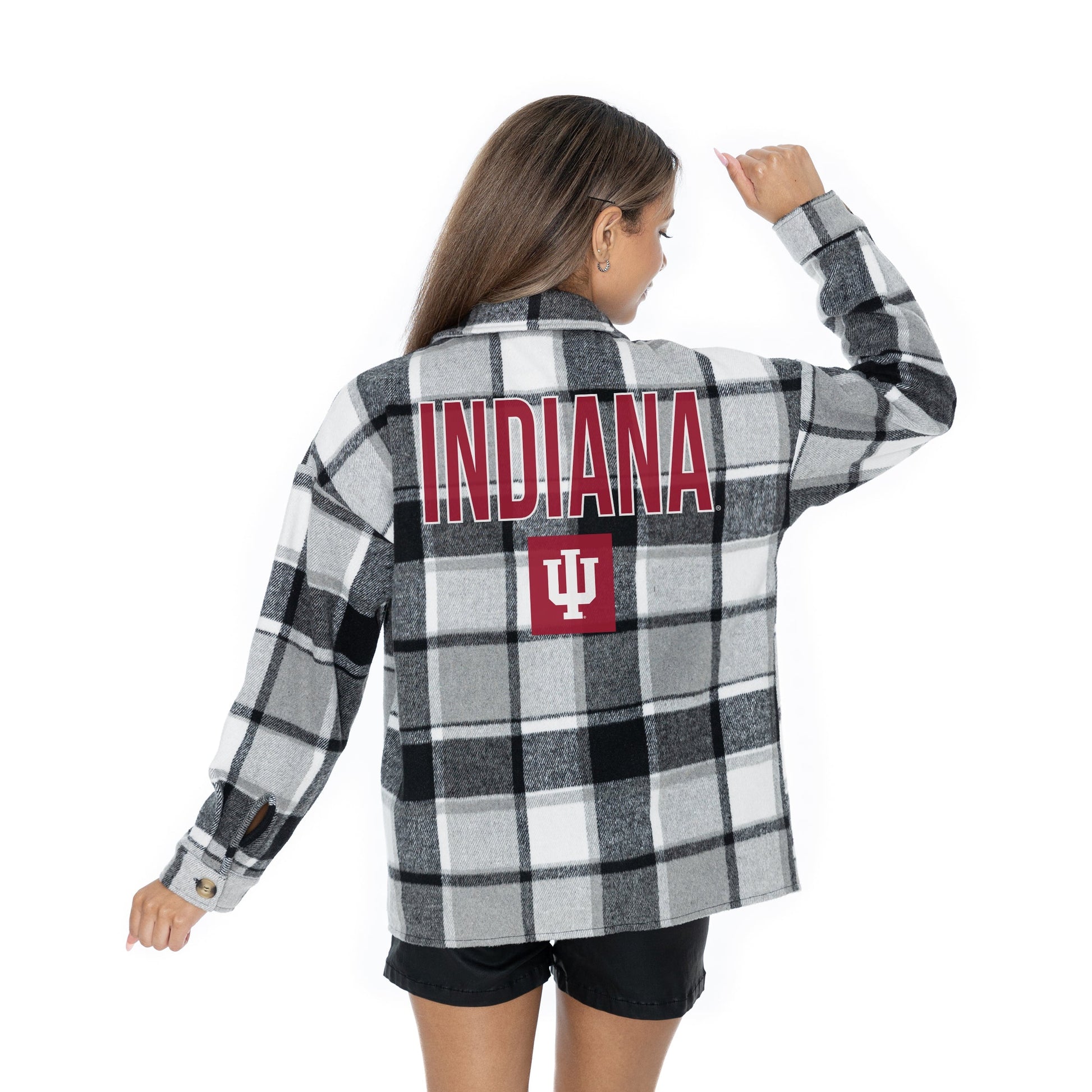 INDIANA HOOSIERS MAD FOR PLAID LONG SLEEVE BRUSHED PLAID OVERSHIRT WITH LAPEL COLLAR, BUTTON CLOSURE, AND CUFF DETAIL