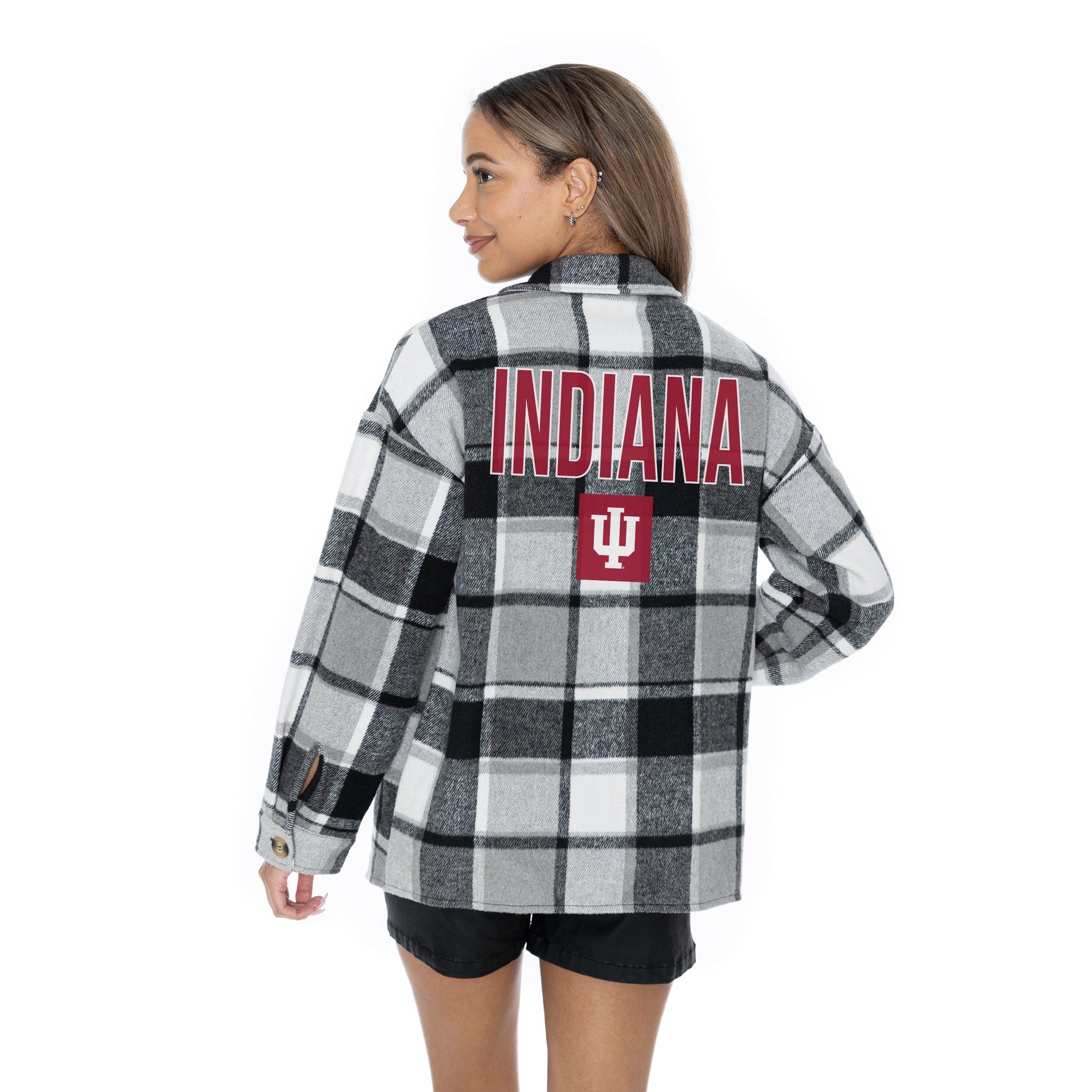 INDIANA HOOSIERS MAD FOR PLAID LONG SLEEVE BRUSHED PLAID OVERSHIRT WITH LAPEL COLLAR, BUTTON CLOSURE, AND CUFF DETAIL