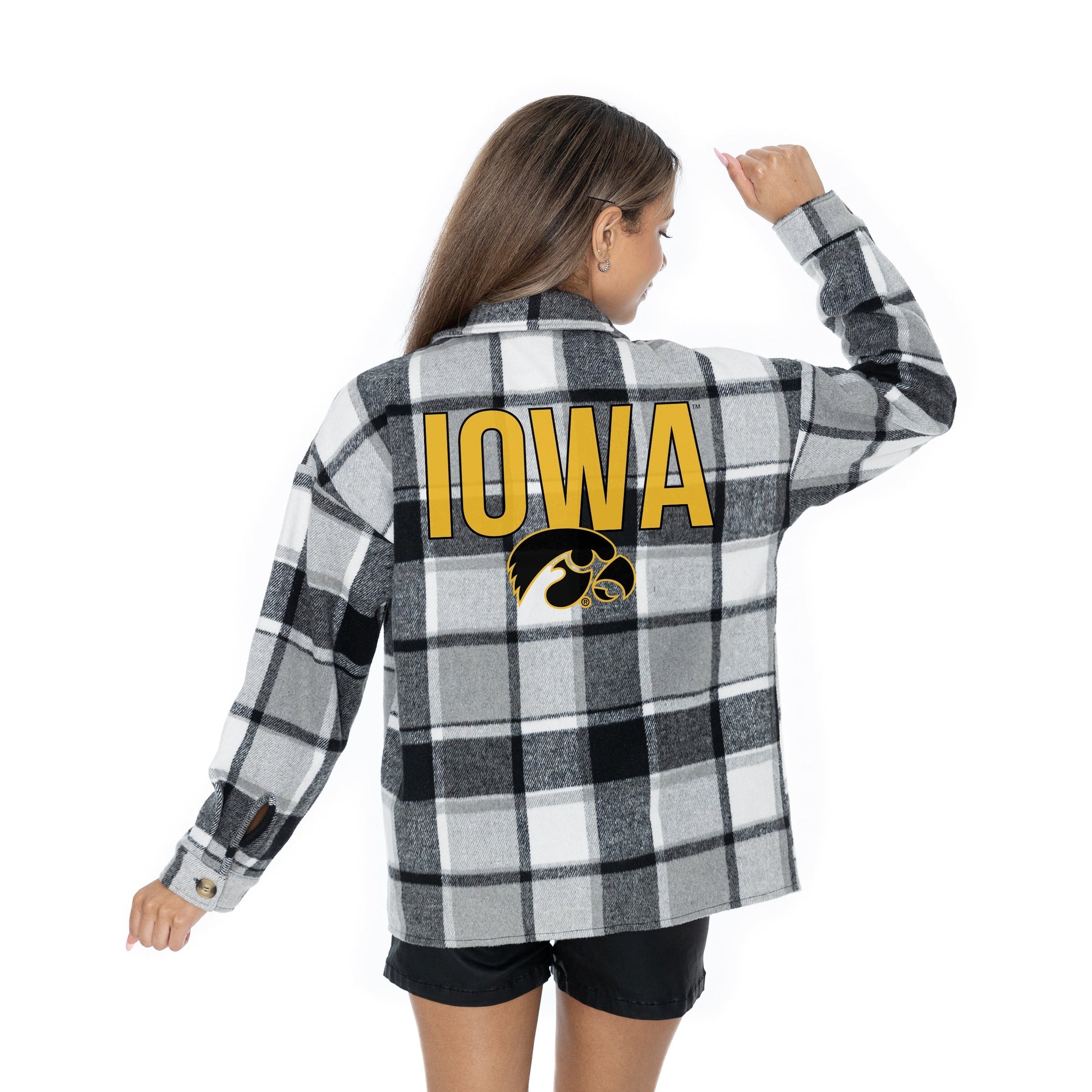 IOWA HAWKEYES MAD FOR PLAID LONG SLEEVE BRUSHED PLAID OVERSHIRT WITH LAPEL COLLAR, BUTTON CLOSURE, AND CUFF DETAIL