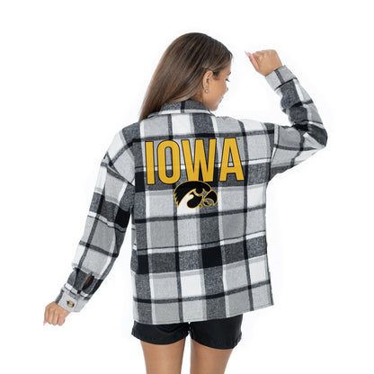 IOWA HAWKEYES MAD FOR PLAID LONG SLEEVE BRUSHED PLAID OVERSHIRT WITH LAPEL COLLAR, BUTTON CLOSURE, AND CUFF DETAIL