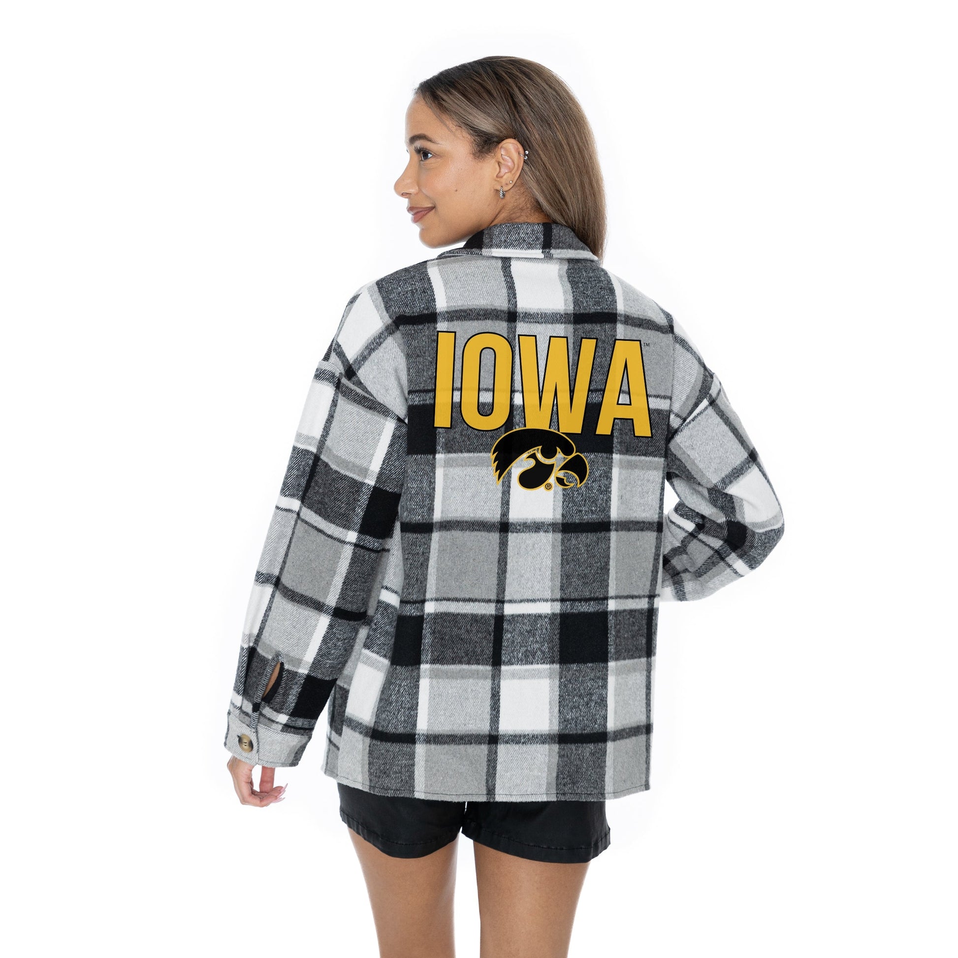 IOWA HAWKEYES MAD FOR PLAID LONG SLEEVE BRUSHED PLAID OVERSHIRT WITH LAPEL COLLAR, BUTTON CLOSURE, AND CUFF DETAIL