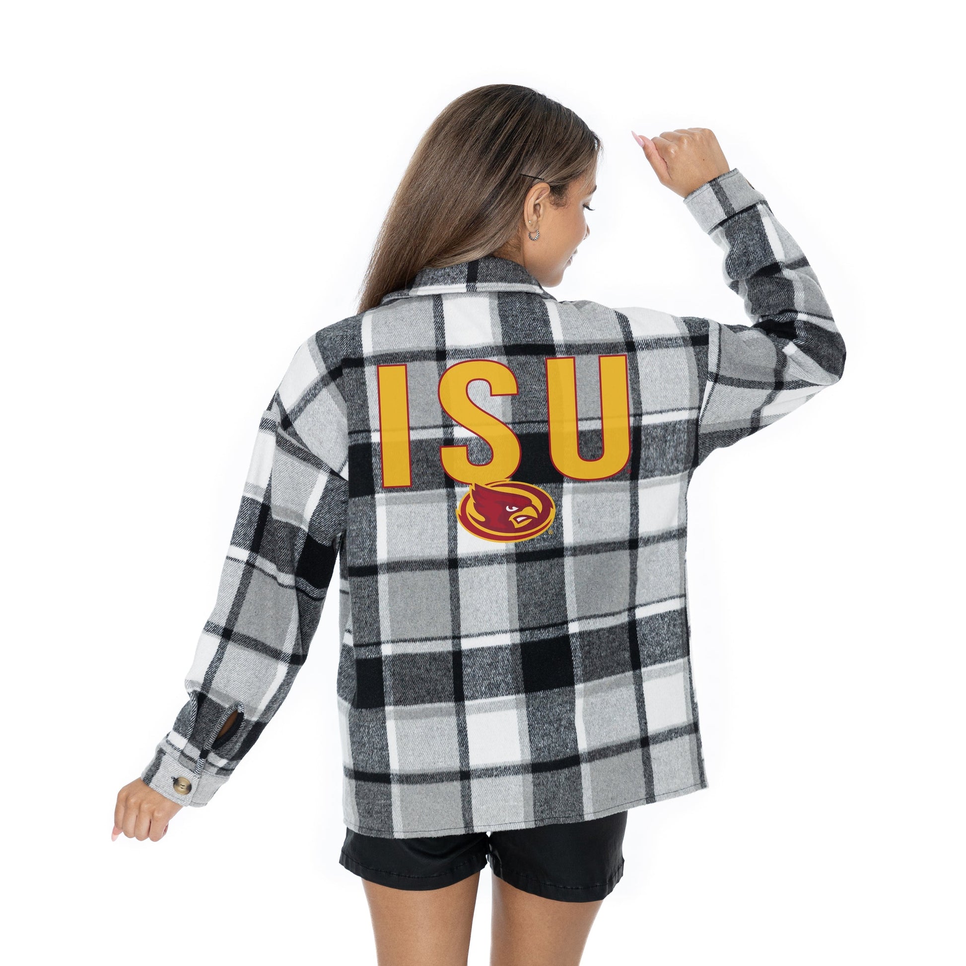 IOWA STATE CYCLONES MAD FOR PLAID LONG SLEEVE BRUSHED PLAID OVERSHIRT WITH LAPEL COLLAR, BUTTON CLOSURE, AND CUFF DETAIL