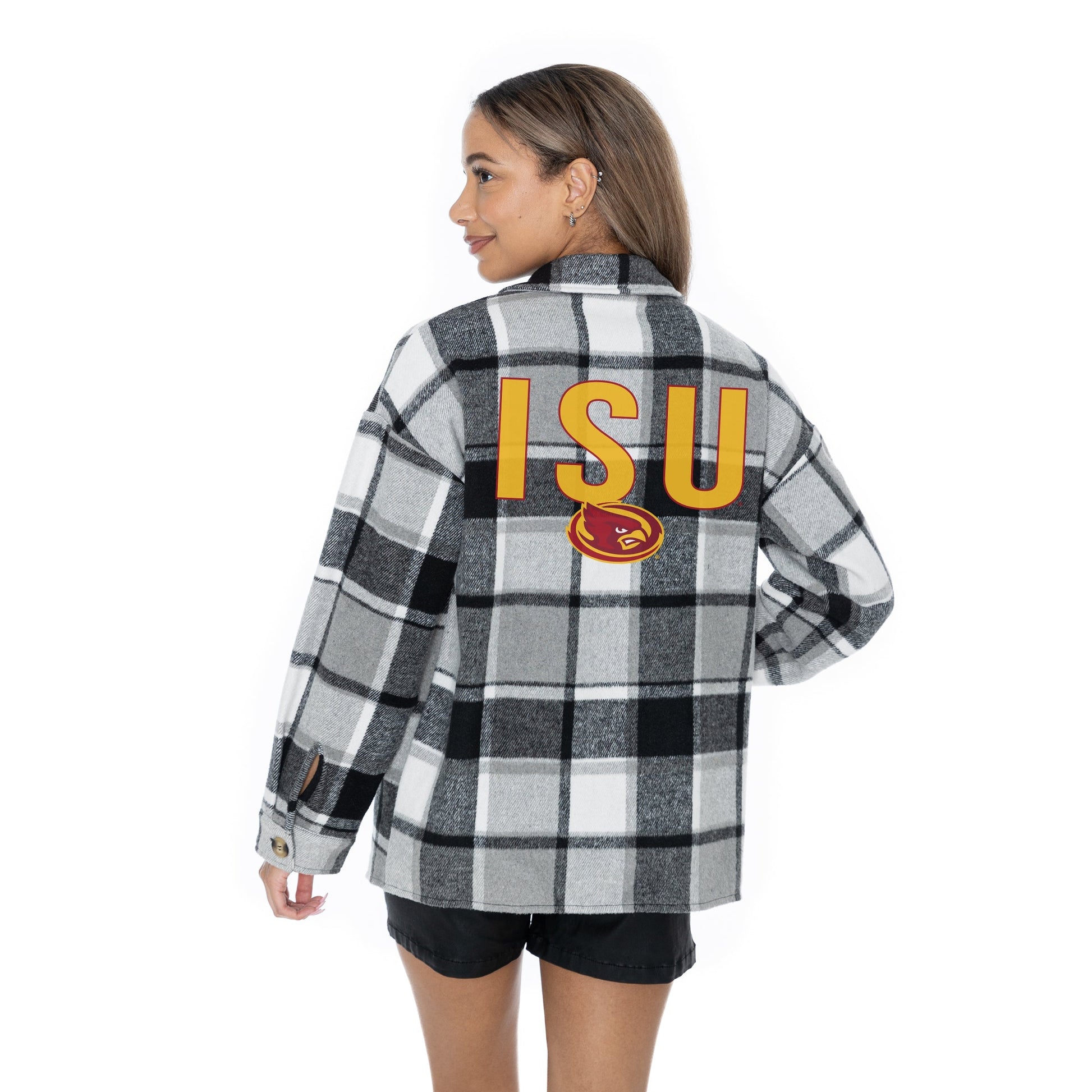 IOWA STATE CYCLONES MAD FOR PLAID LONG SLEEVE BRUSHED PLAID OVERSHIRT WITH LAPEL COLLAR, BUTTON CLOSURE, AND CUFF DETAIL