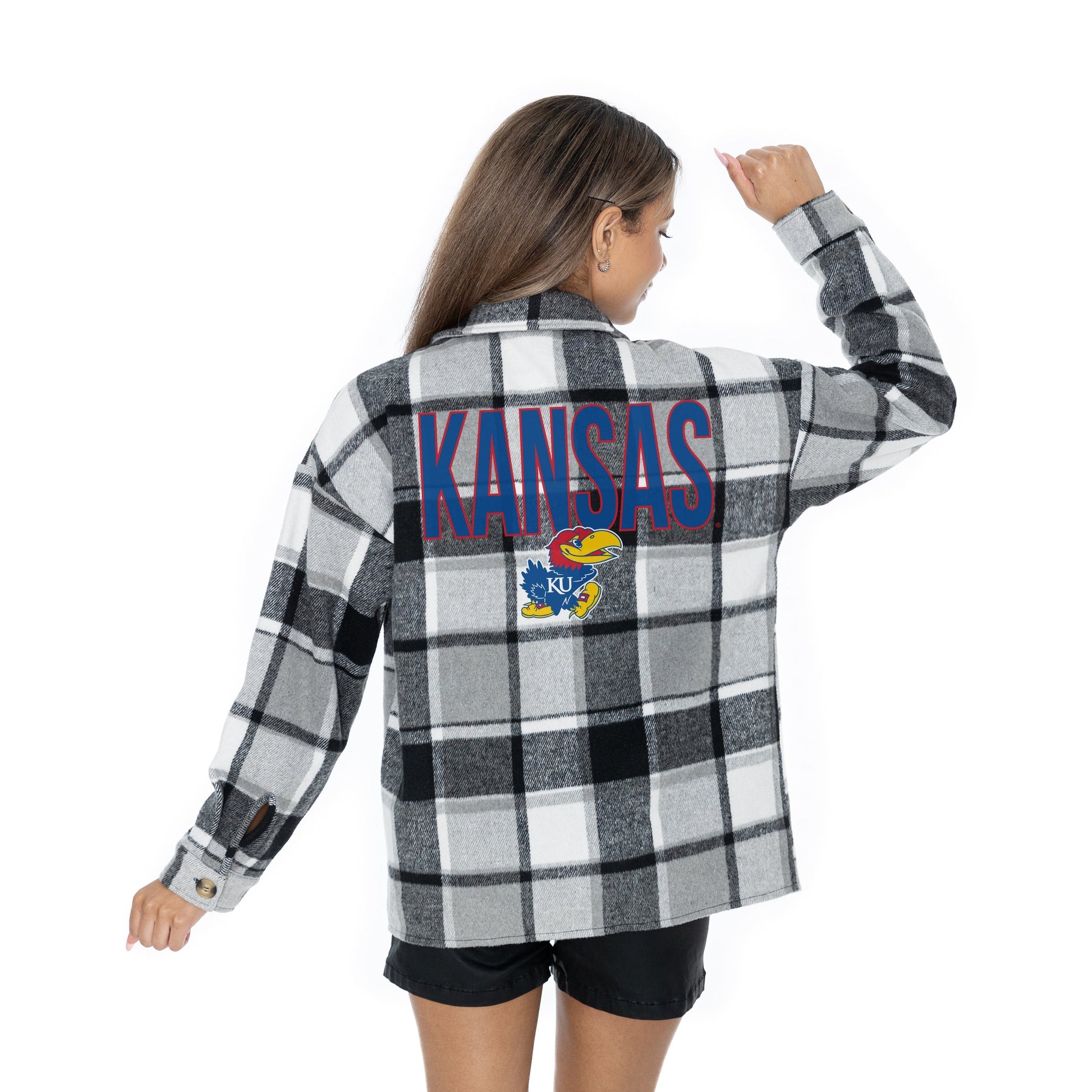 KANSAS JAYHAWKS MAD FOR PLAID LONG SLEEVE BRUSHED PLAID OVERSHIRT WITH LAPEL COLLAR, BUTTON CLOSURE, AND CUFF DETAIL