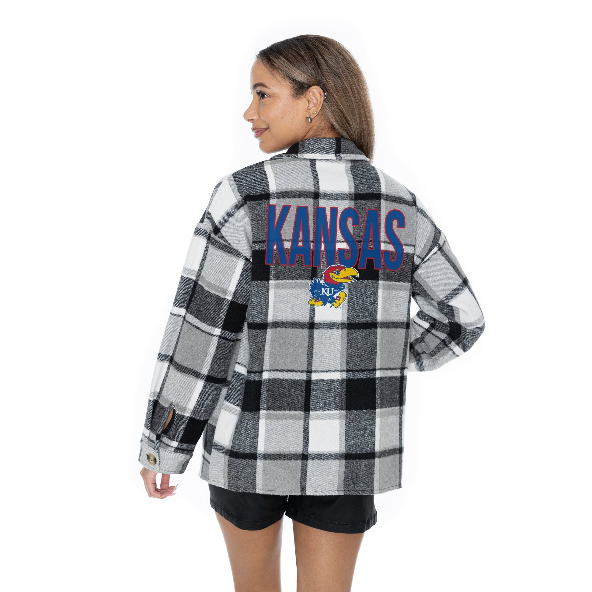 KANSAS JAYHAWKS MAD FOR PLAID LONG SLEEVE BRUSHED PLAID OVERSHIRT WITH LAPEL COLLAR, BUTTON CLOSURE, AND CUFF DETAIL