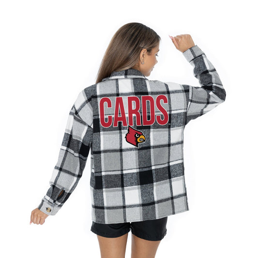LOUISVILLE CARDINALS MAD FOR PLAID LONG SLEEVE BRUSHED PLAID OVERSHIRT WITH LAPEL COLLAR, BUTTON CLOSURE, AND CUFF DETAIL - The Club