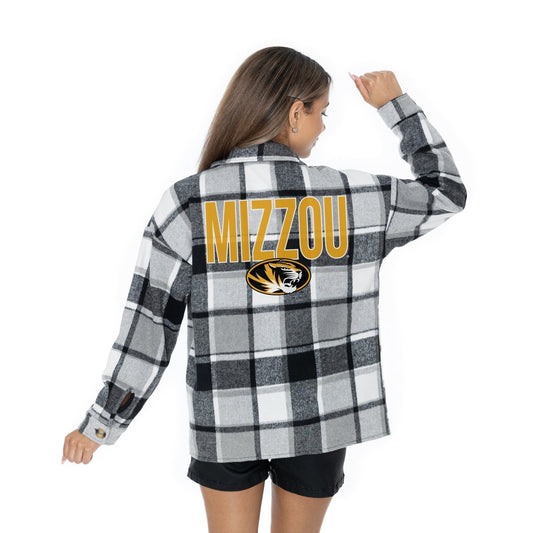 MISSOURI TIGERS MAD FOR PLAID LONG SLEEVE BRUSHED PLAID OVERSHIRT WITH LAPEL COLLAR, BUTTON CLOSURE, AND CUFF DETAIL - The Club