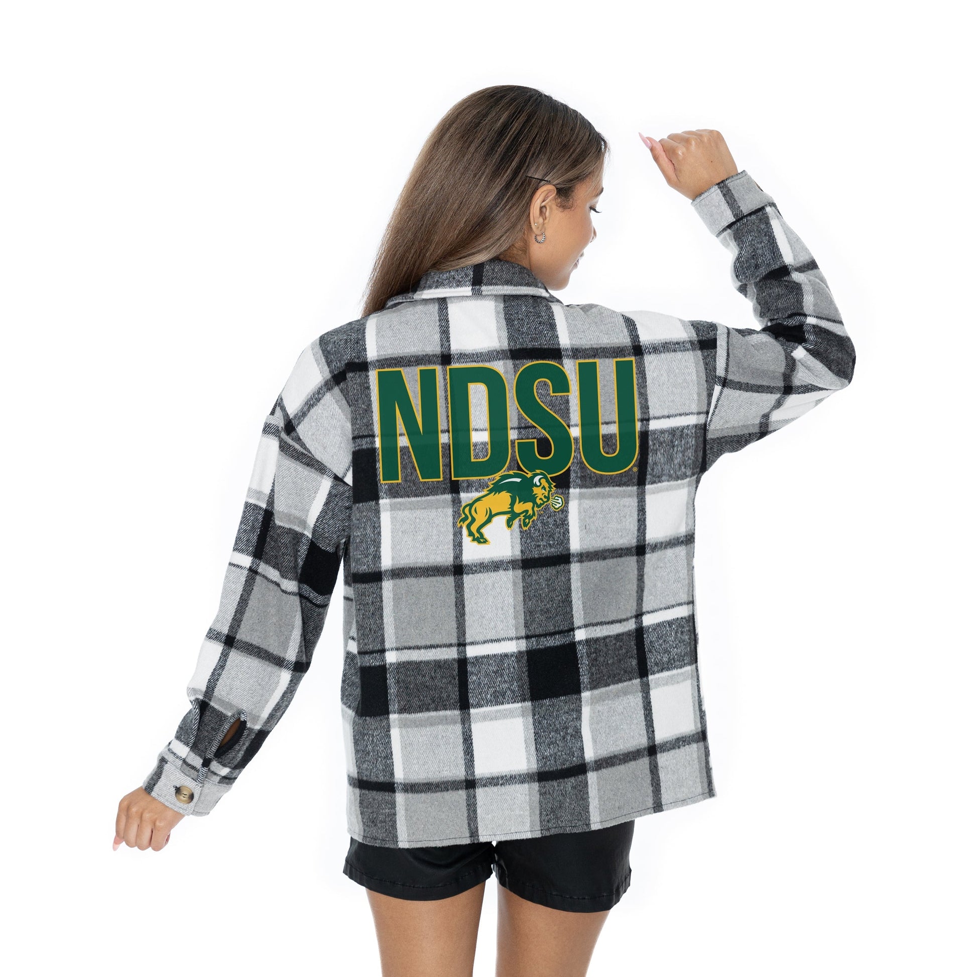 NORTH DAKOTA STATE BISON MAD FOR PLAID LONG SLEEVE BRUSHED PLAID OVERSHIRT WITH LAPEL COLLAR, BUTTON CLOSURE, AND CUFF DETAIL