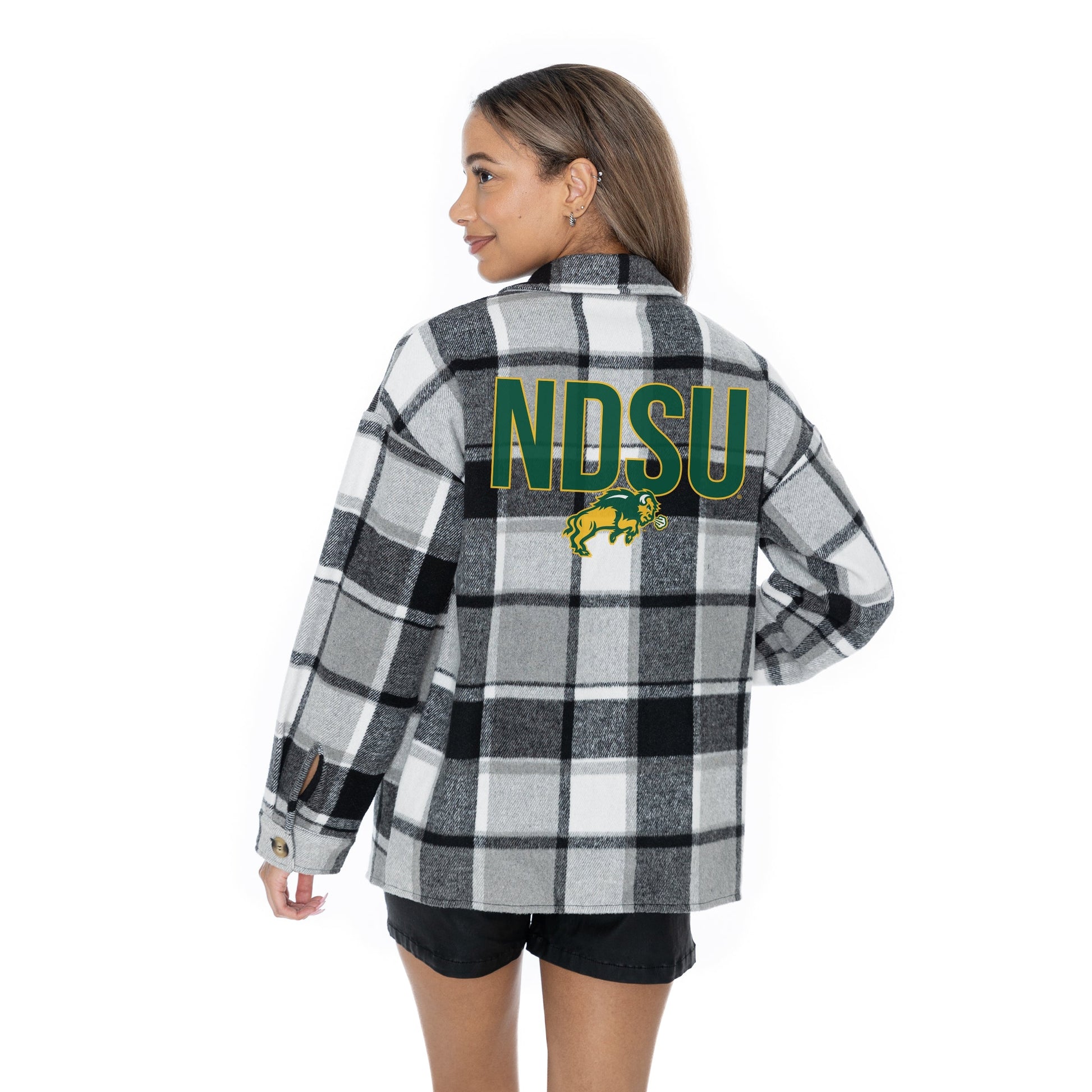 NORTH DAKOTA STATE BISON MAD FOR PLAID LONG SLEEVE BRUSHED PLAID OVERSHIRT WITH LAPEL COLLAR, BUTTON CLOSURE, AND CUFF DETAIL