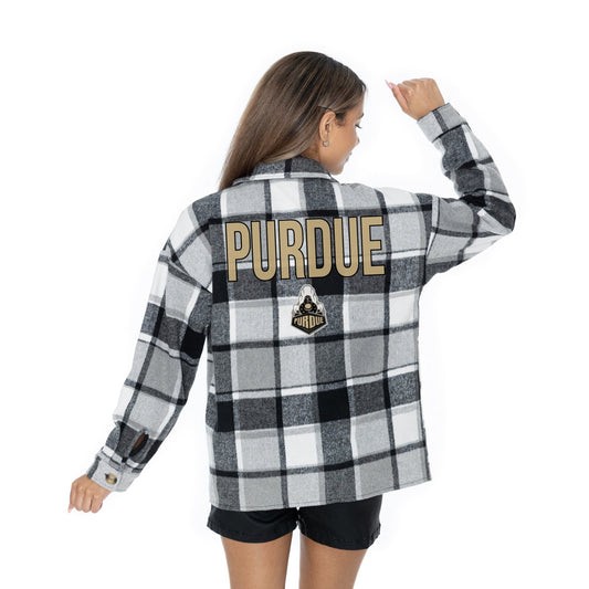 PURDUE BOILERMAKERS MAD FOR PLAID LONG SLEEVE BRUSHED PLAID OVERSHIRT WITH LAPEL COLLAR, BUTTON CLOSURE, AND CUFF DETAIL - The Club