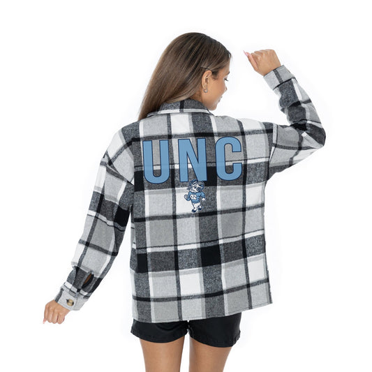 NORTH CAROLINA TAR HEELS MAD FOR PLAID LONG SLEEVE BRUSHED PLAID OVERSHIRT WITH LAPEL COLLAR, BUTTON CLOSURE, AND CUFF DETAIL - The Club