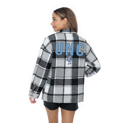 NORTH CAROLINA TAR HEELS MAD FOR PLAID LONG SLEEVE BRUSHED PLAID OVERSHIRT WITH LAPEL COLLAR, BUTTON CLOSURE, AND CUFF DETAIL - The Club