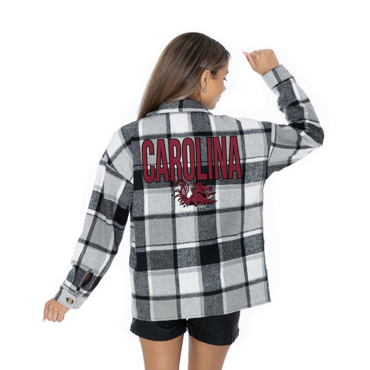 SOUTH CAROLINA GAMECOCKS MAD FOR PLAID LONG SLEEVE BRUSHED PLAID OVERSHIRT WITH LAPEL COLLAR, BUTTON CLOSURE, AND CUFF DETAIL - The Club