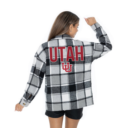 UTAH UTES MAD FOR PLAID LONG SLEEVE BRUSHED PLAID OVERSHIRT WITH LAPEL COLLAR, BUTTON CLOSURE, AND CUFF DETAIL - The Club