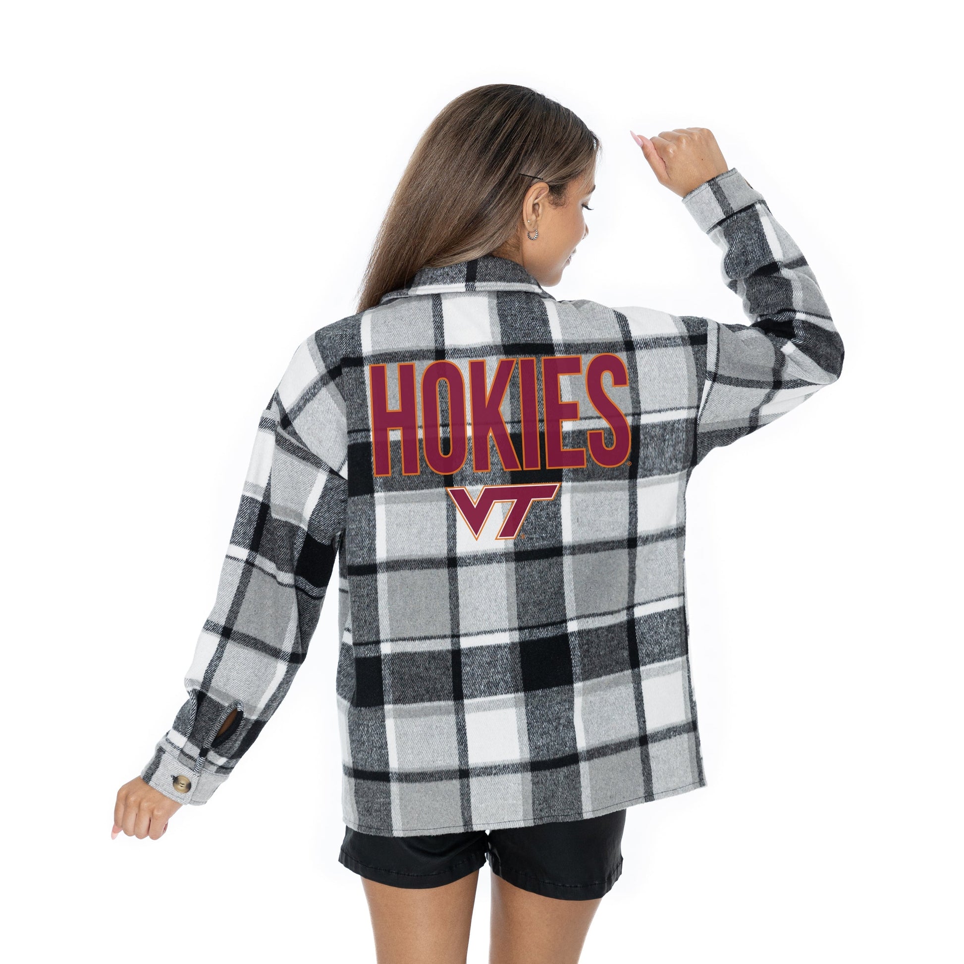 VIRGINIA TECH HOKIES MAD FOR PLAID LONG SLEEVE BRUSHED PLAID OVERSHIRT WITH LAPEL COLLAR, BUTTON CLOSURE, AND CUFF DETAIL