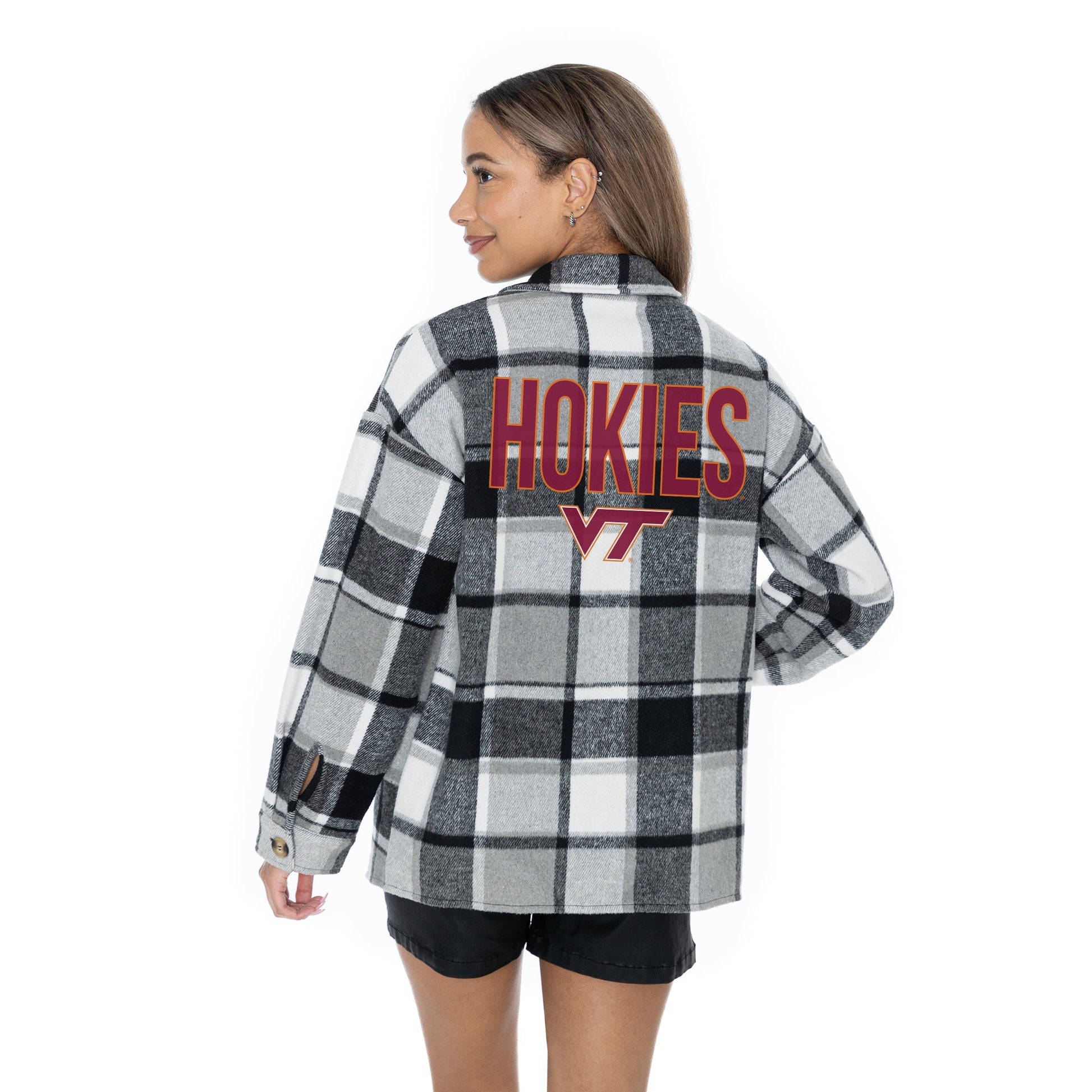 VIRGINIA TECH HOKIES MAD FOR PLAID LONG SLEEVE BRUSHED PLAID OVERSHIRT WITH LAPEL COLLAR, BUTTON CLOSURE, AND CUFF DETAIL