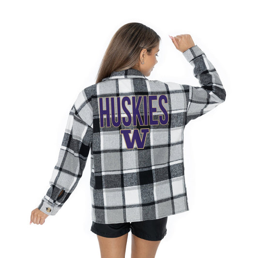 WASHINGTON HUSKIES MAD FOR PLAID LONG SLEEVE BRUSHED PLAID OVERSHIRT WITH LAPEL COLLAR, BUTTON CLOSURE, AND CUFF DETAIL - The Club