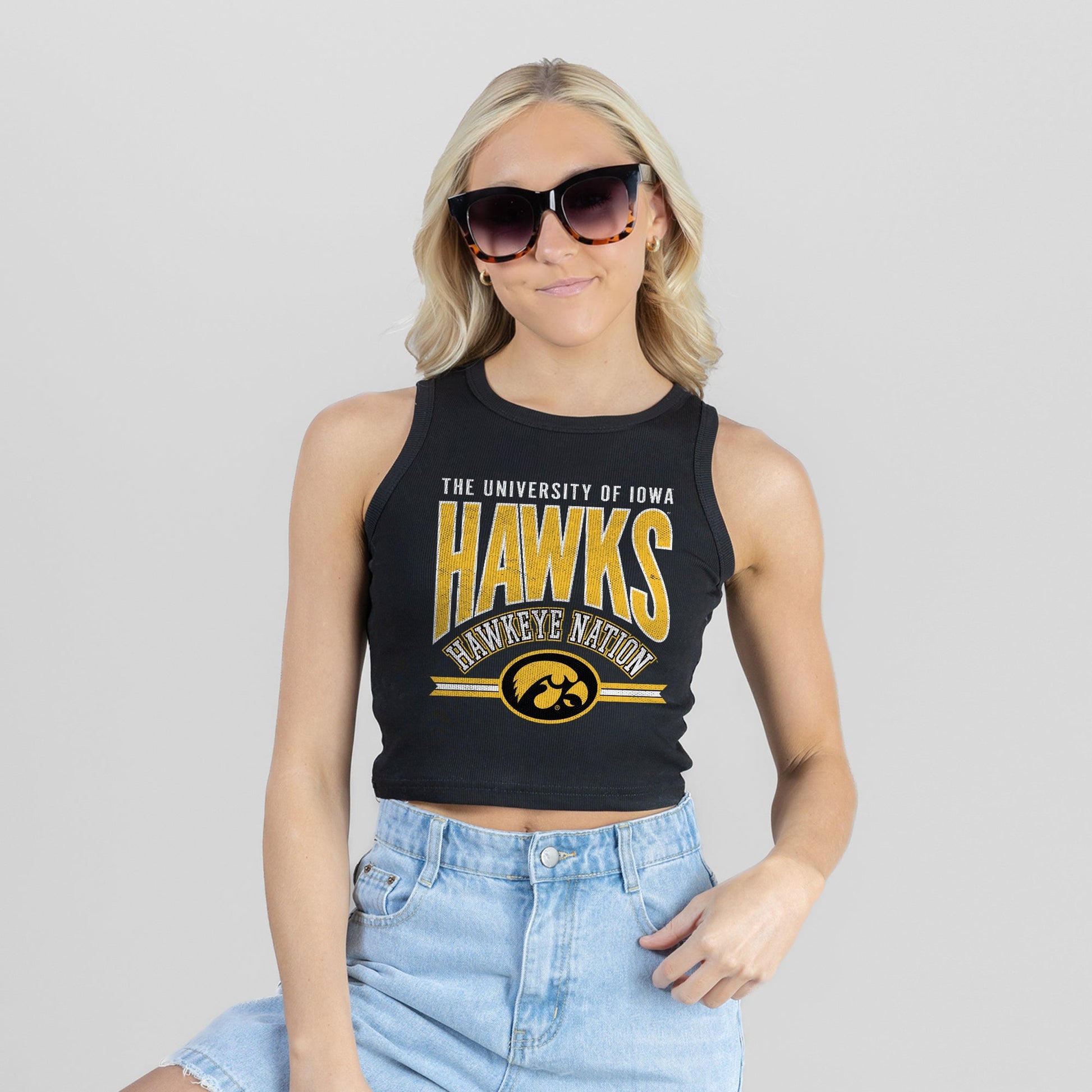 IOWA HAWKEYES MIC DROP ESSENTIAL RIBBED CROP TANK