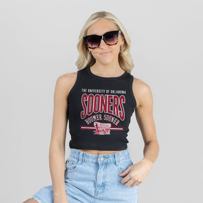 OKLAHOMA SOONERS MIC DROP ESSENTIAL RIBBED CROP TANK