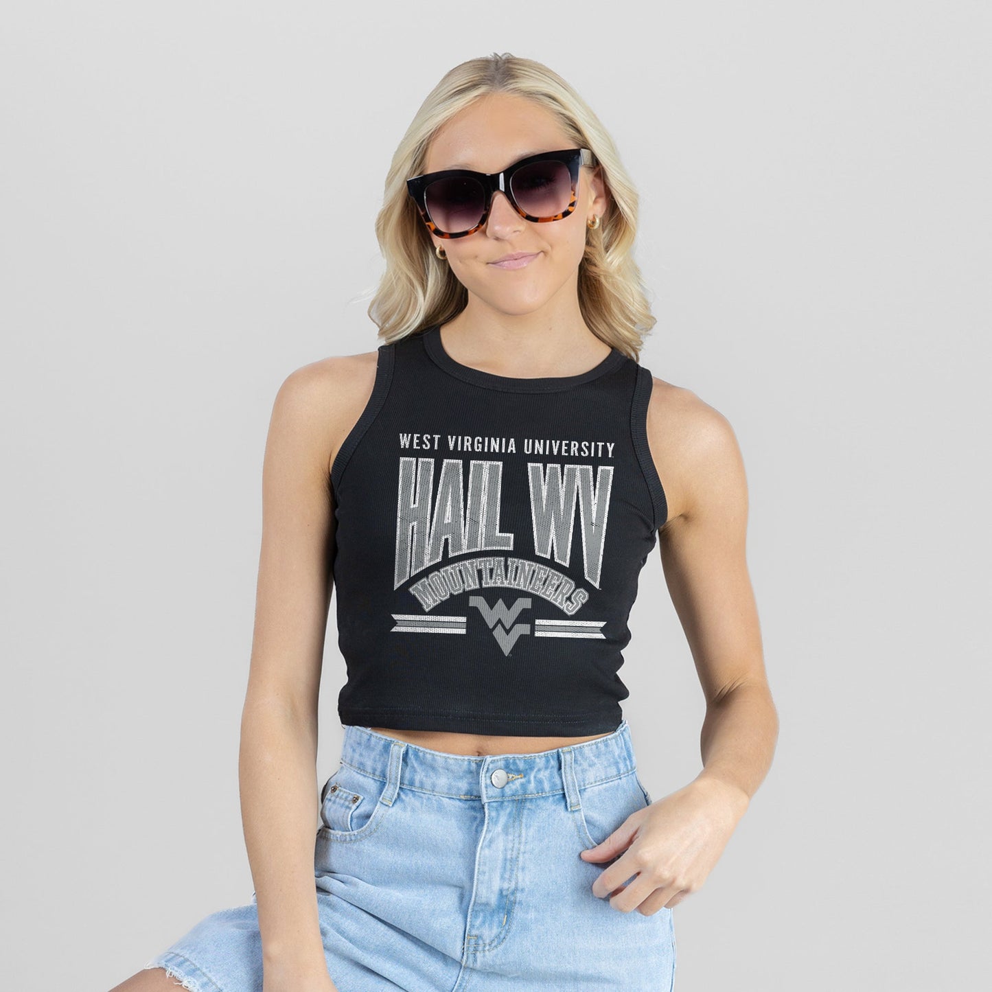 WEST VIRGINIA MOUNTAINEERS MIC DROP ESSENTIAL RIBBED CROP TANK