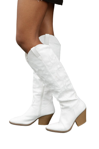 White Leather Wild West Wanderer Boots - Side View on Model | Gameday Couture - SOHO