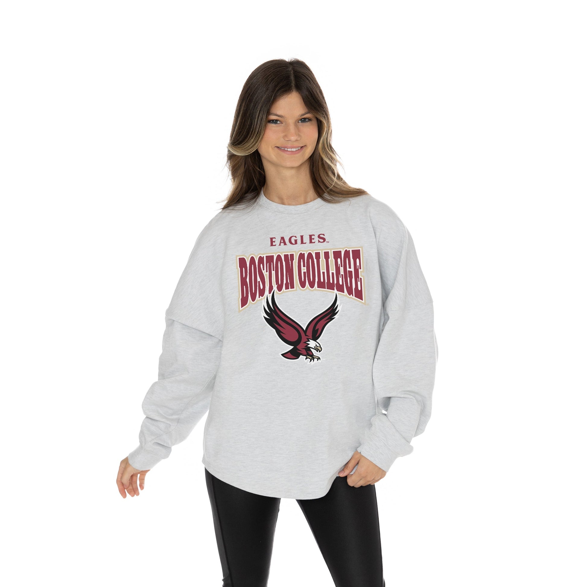 BOSTON COLLEGE EAGLES FIGHTING SPIRIT RELAXED FIT HEATHERED LONG SLEEVE FRENCH TERRY PULLOVER WITH RIBBED CUFF AND NECKLINE DETAIL
