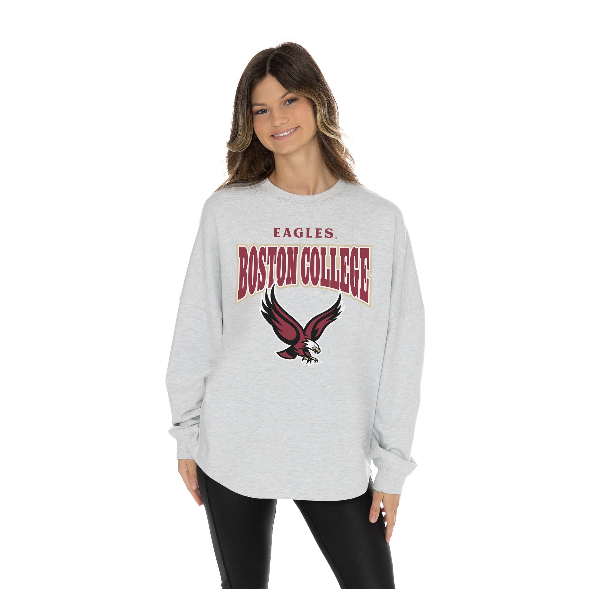 BOSTON COLLEGE EAGLES FIGHTING SPIRIT RELAXED FIT HEATHERED LONG SLEEVE FRENCH TERRY PULLOVER WITH RIBBED CUFF AND NECKLINE DETAIL
