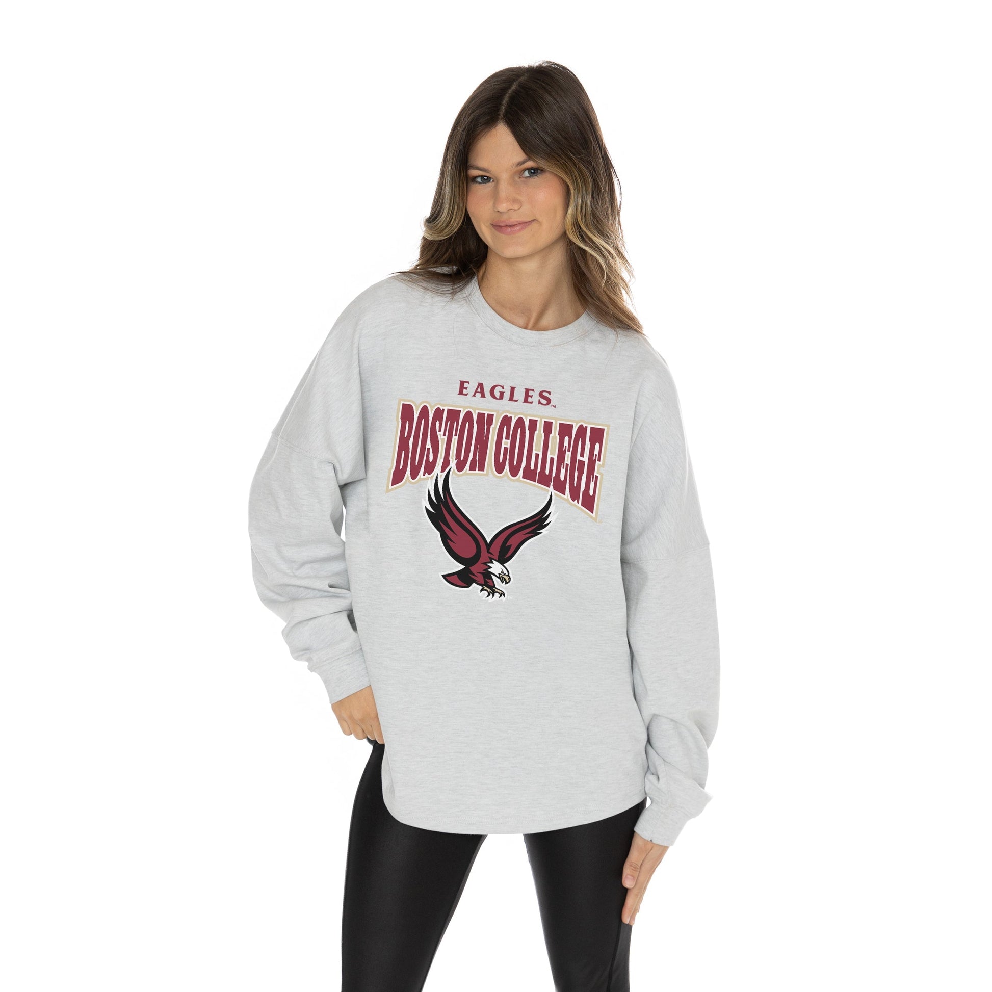 BOSTON COLLEGE EAGLES FIGHTING SPIRIT RELAXED FIT HEATHERED LONG SLEEVE FRENCH TERRY PULLOVER WITH RIBBED CUFF AND NECKLINE DETAIL