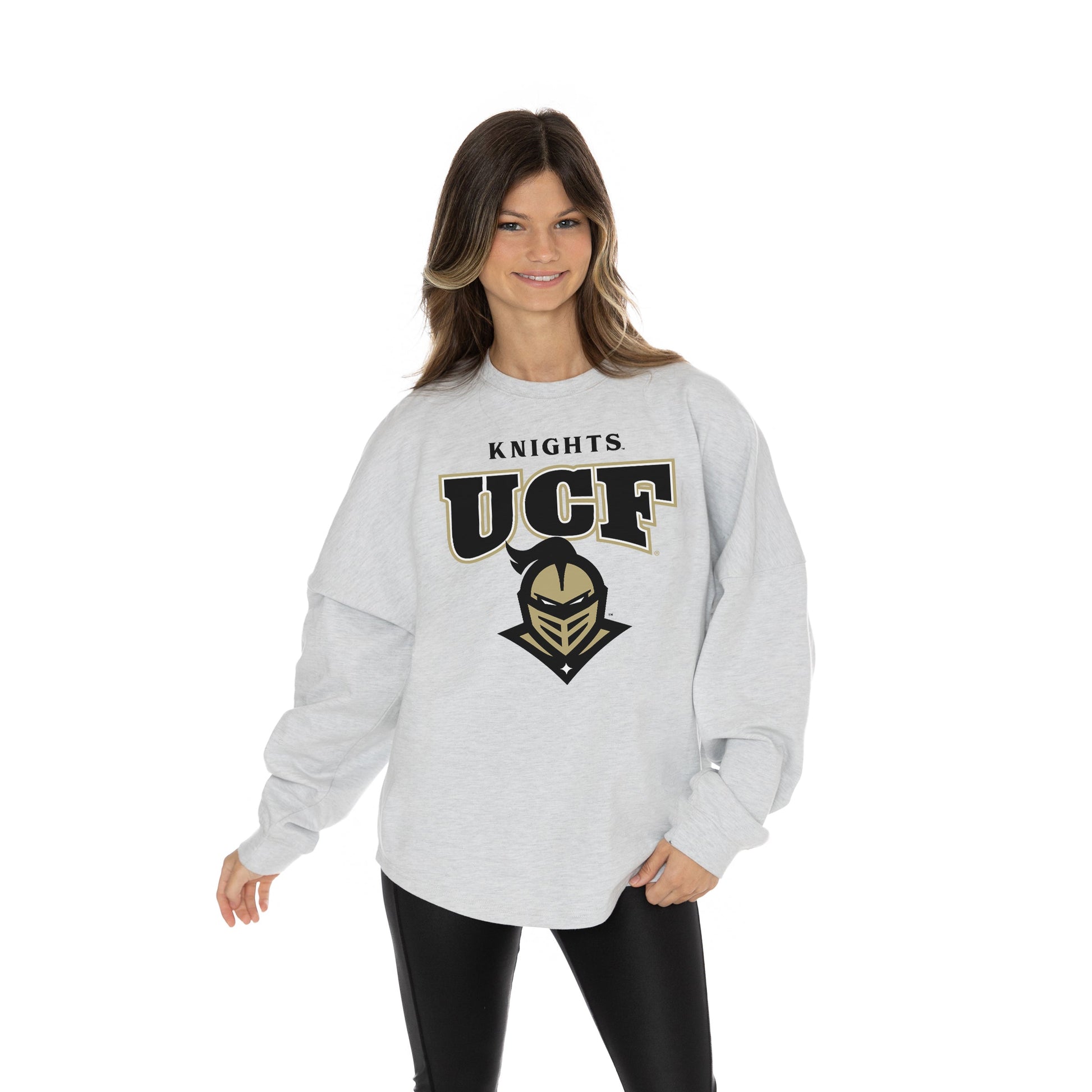 CENTRAL FLORIDA KNIGHTS FIGHTING SPIRIT RELAXED FIT HEATHERED LONG SLEEVE FRENCH TERRY PULLOVER WITH RIBBED CUFF AND NECKLINE DETAIL