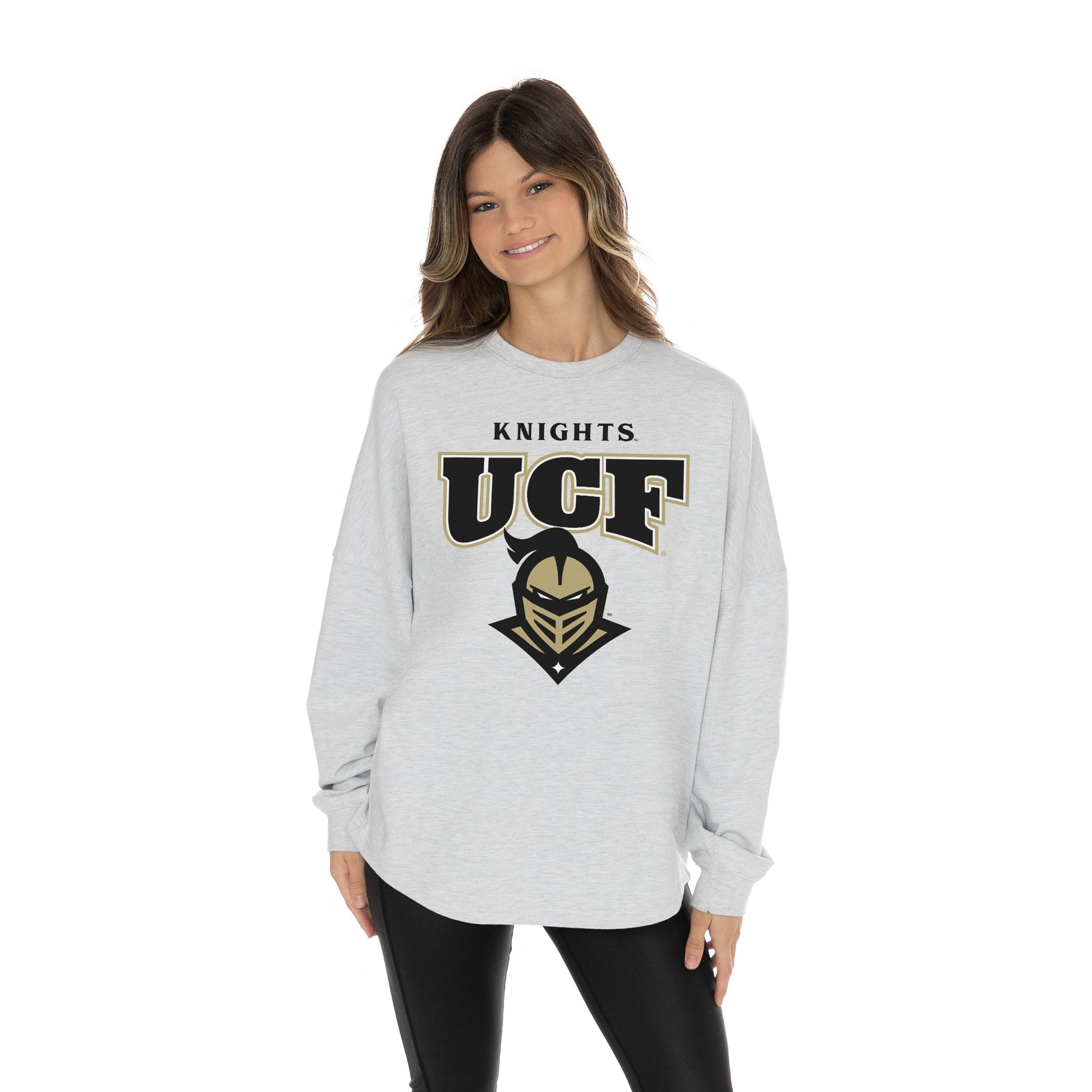 CENTRAL FLORIDA KNIGHTS FIGHTING SPIRIT RELAXED FIT HEATHERED LONG SLEEVE FRENCH TERRY PULLOVER WITH RIBBED CUFF AND NECKLINE DETAIL