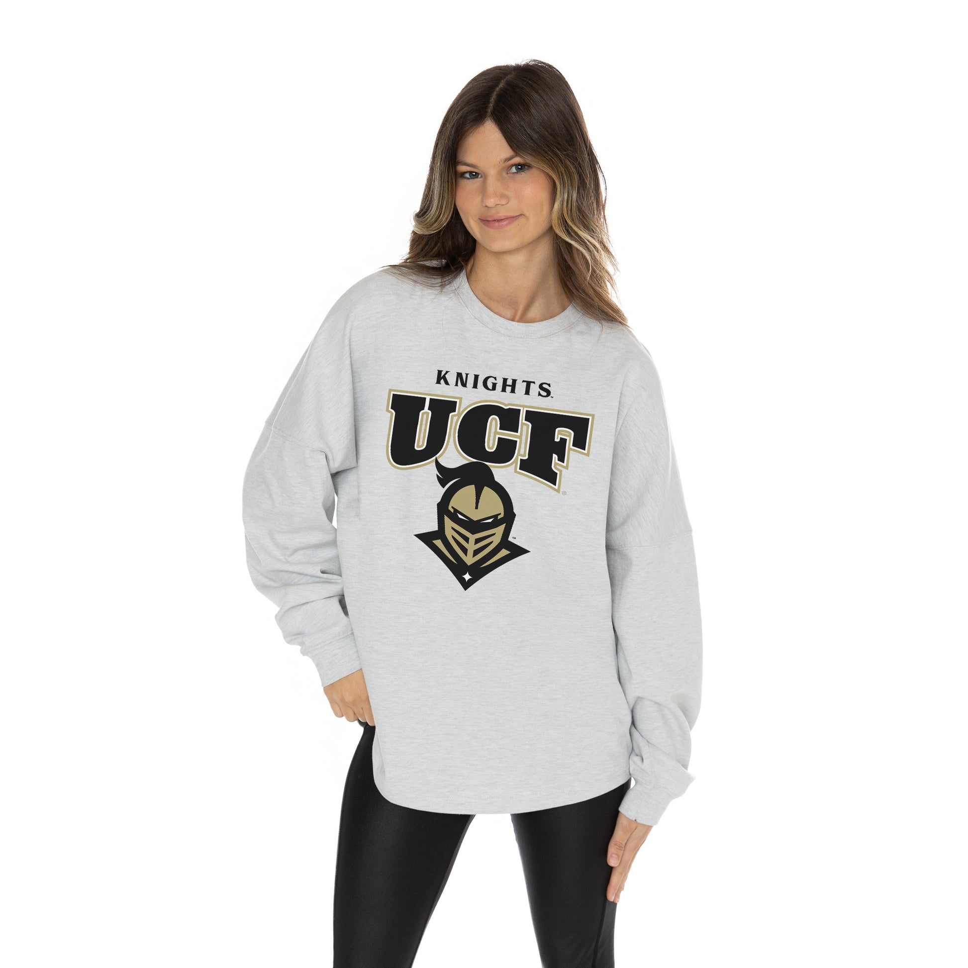 CENTRAL FLORIDA KNIGHTS FIGHTING SPIRIT RELAXED FIT HEATHERED LONG SLEEVE FRENCH TERRY PULLOVER WITH RIBBED CUFF AND NECKLINE DETAIL