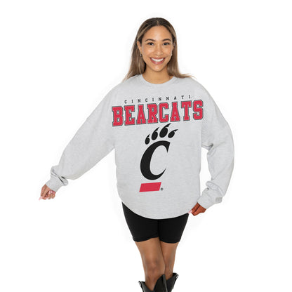 CINCINNATI BEARCATS BIG GOALS RELAXED FIT HEATHERED LONG SLEEVE FRENCH TERRY PULLOVER WITH RIBBED CUFF AND NECKLINE DETAIL