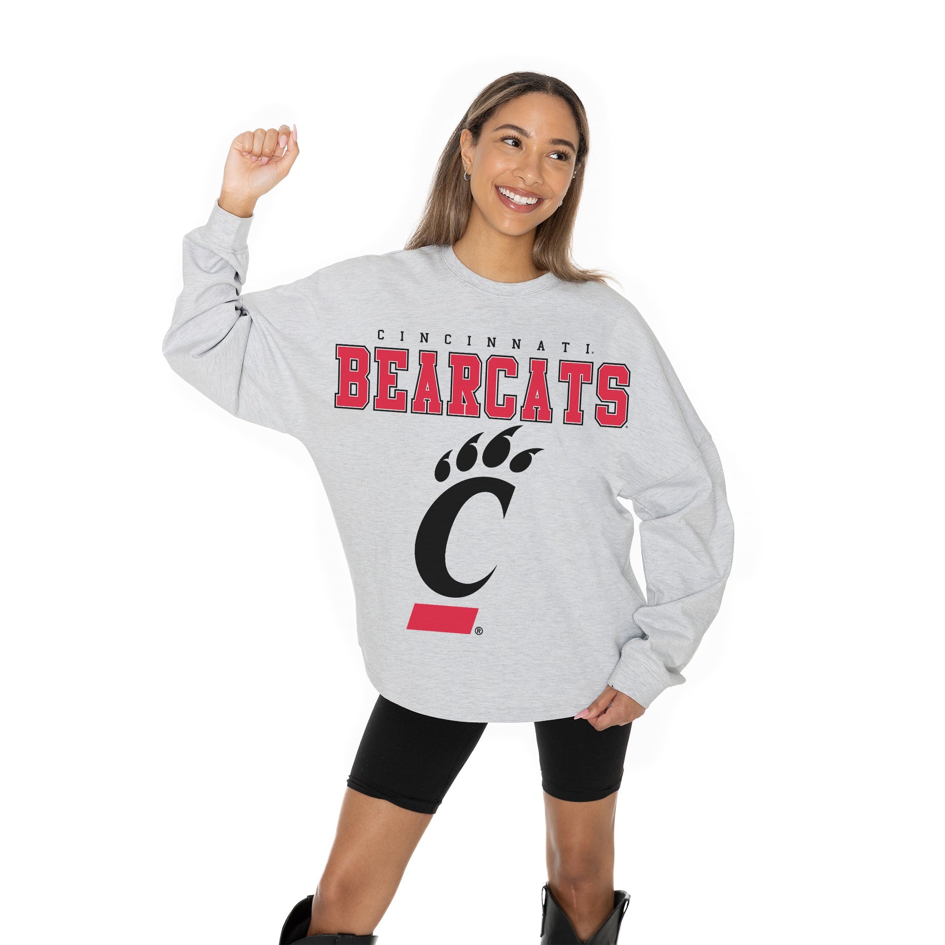 CINCINNATI BEARCATS BIG GOALS RELAXED FIT HEATHERED LONG SLEEVE FRENCH TERRY PULLOVER WITH RIBBED CUFF AND NECKLINE DETAIL