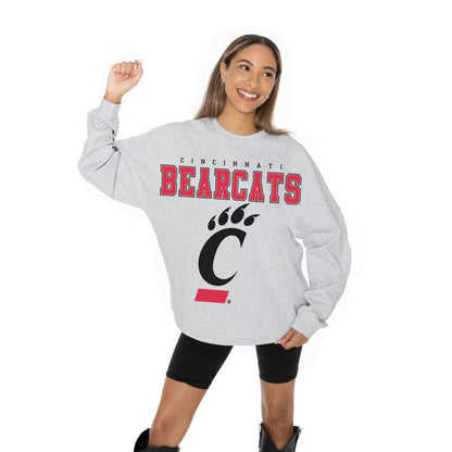 CINCINNATI BEARCATS BIG GOALS RELAXED FIT HEATHERED LONG SLEEVE FRENCH TERRY PULLOVER WITH RIBBED CUFF AND NECKLINE DETAIL