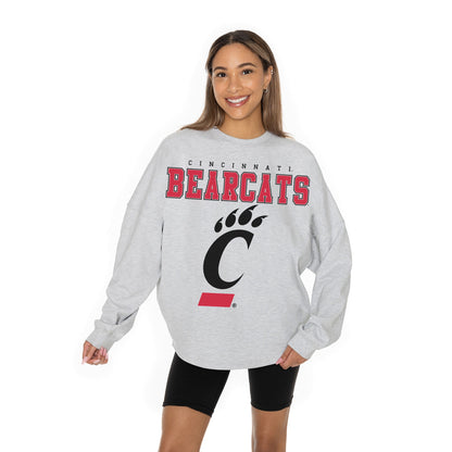 CINCINNATI BEARCATS BIG GOALS RELAXED FIT HEATHERED LONG SLEEVE FRENCH TERRY PULLOVER WITH RIBBED CUFF AND NECKLINE DETAIL